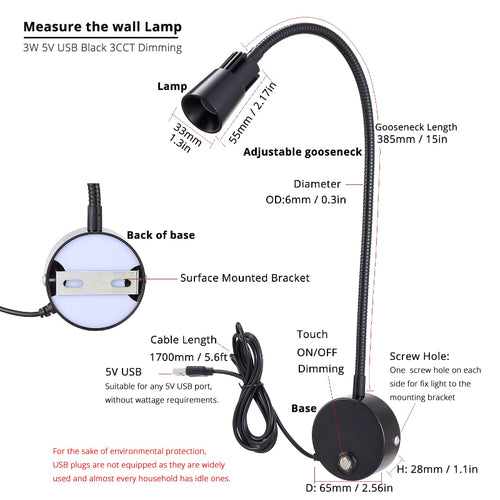 2-Pack 5V USB Dimmable LED Wall Lamp - Eye-Safe Reading Light (3CCT, Black)