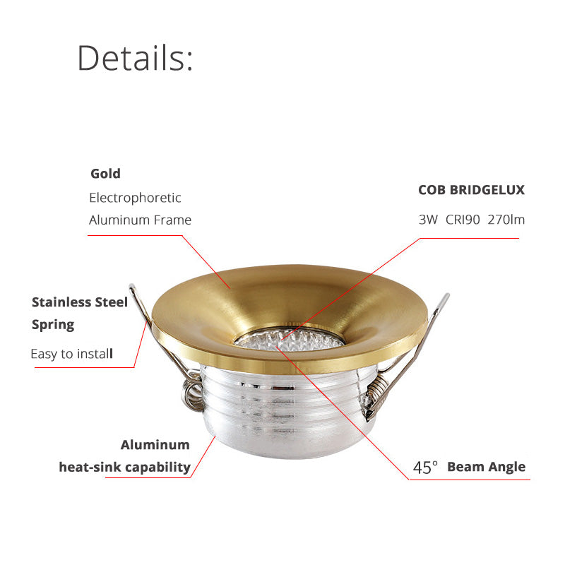 LRLEDS Luxury Gold & Silver Mini COB LED Spotlight - 3W Recessed Accent Light, High CRI >90 (35-40mm Cutout)