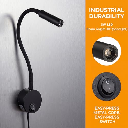 Industrial Matte Black Gooseneck Wall Reading Lamp - 25° Private Focused Beam (2-Pack)