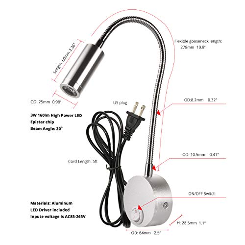 2-Pack Gooseneck Wall Reading Light – 3W LED Bedside Lamp, Silver (40-01C)