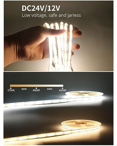 16.4ft CCT COB LED Strip Light Kit - Tunable 2700K-6500K, CRI 90+, 24V with Remote & Power Supply