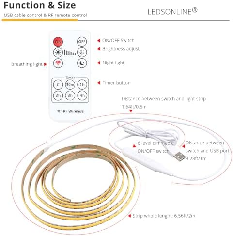 6.56ft (2m) USB-Powered COB LED Strip Light Kit - Pure White 6000K, CRI 95, Dotless Linear Lighting