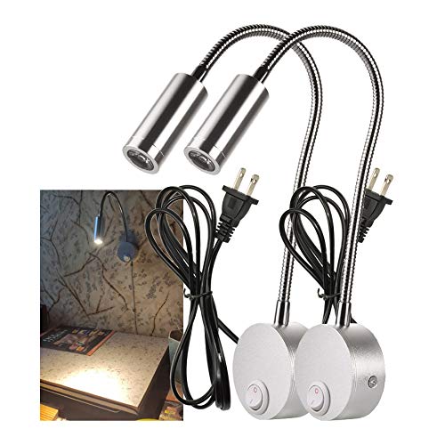 2-Pack Gooseneck Wall Reading Light Silver – 3W LED Bedside Lamp