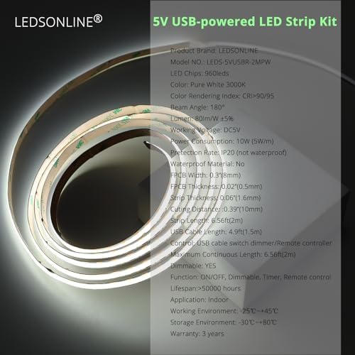6.56ft (2m) USB-Powered COB LED Strip Light Kit - Pure White 6000K, CRI 95, Dotless Linear Lighting