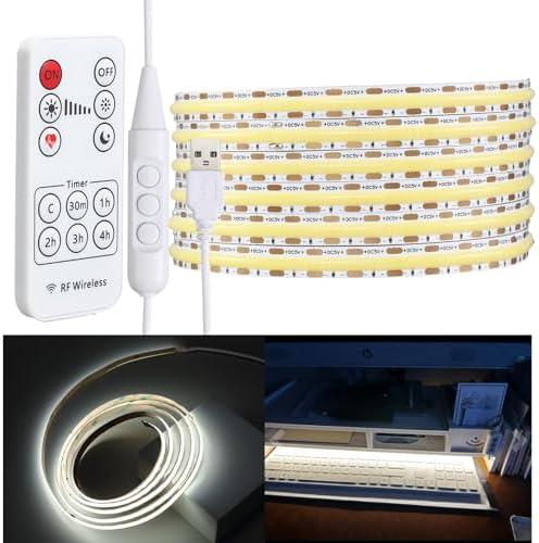 6.56ft (2m) USB-Powered COB LED Strip Light Kit - Pure White 6000K, CRI 95, Dotless Linear Lighting
