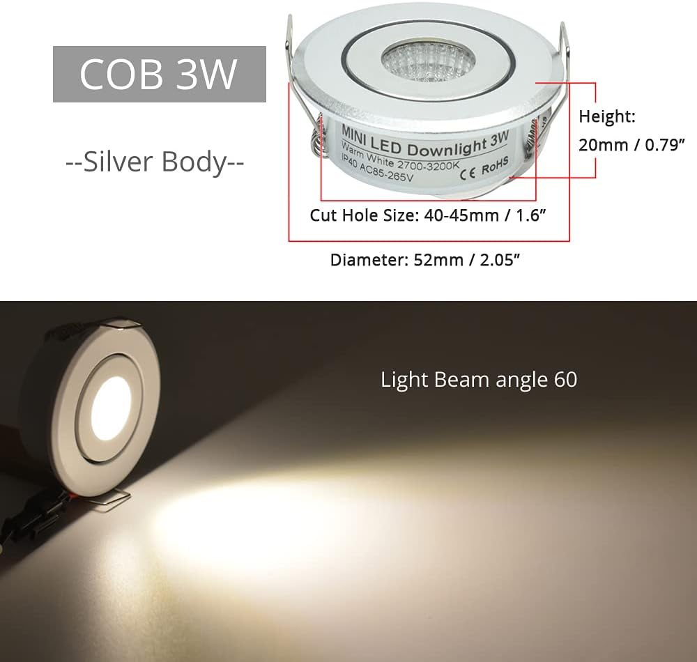 Mini 3W COB LED Downlight (10-Pack, Tech Silver) - Premium Showcase & Jewelry Lighting