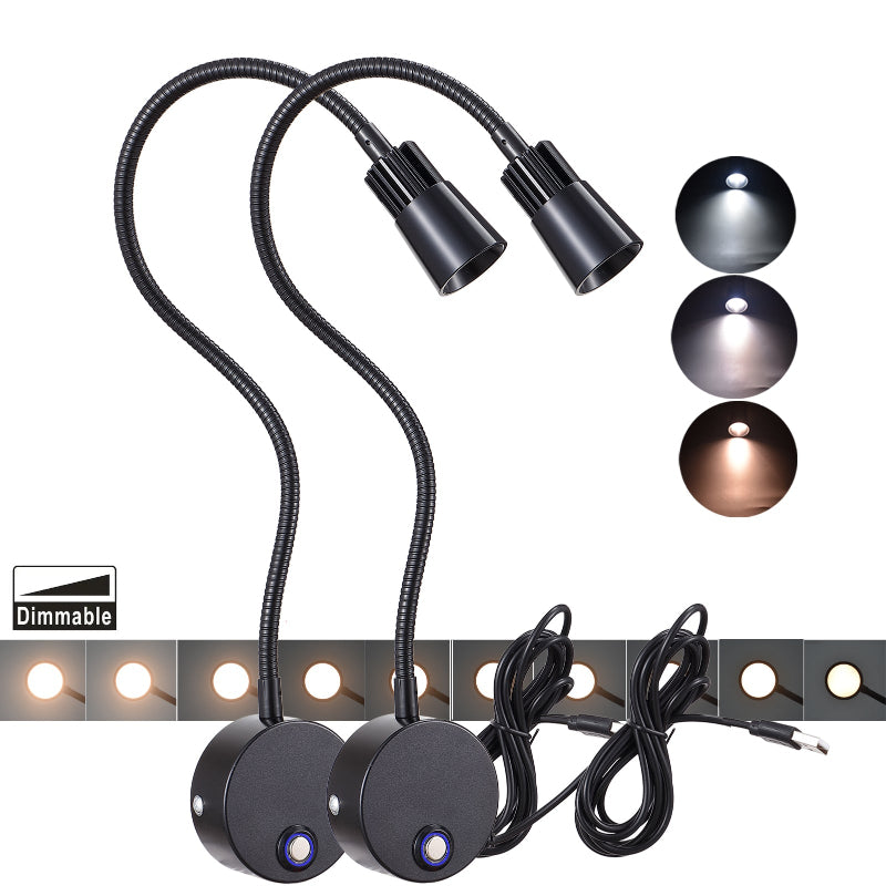 2-Pack 5V USB Dimmable LED Wall Lamp - Eye-Safe Reading Light (3CCT, Black)