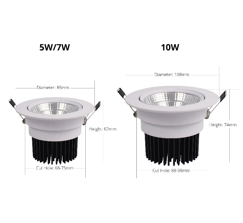 LRLEDS Architectural COB LED Recessed Spotlight - Dimmable 5W/7W/10W, High CRI >90, White Finish Ceiling Downlight