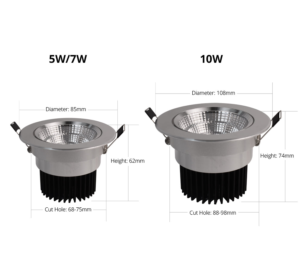 LRLEDS Architectural COB LED Recessed Spotlight - Dimmable 5W/7W/10W, High CRI >90, Silver Finish Ceiling Downlight