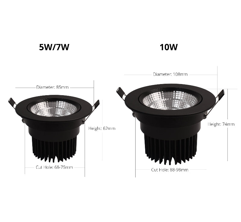 LRLEDS Architectural COB LED Recessed Spotlight - Dimmable 5W/7W/10W, High CRI >90, Black Finish Ceiling Downlight