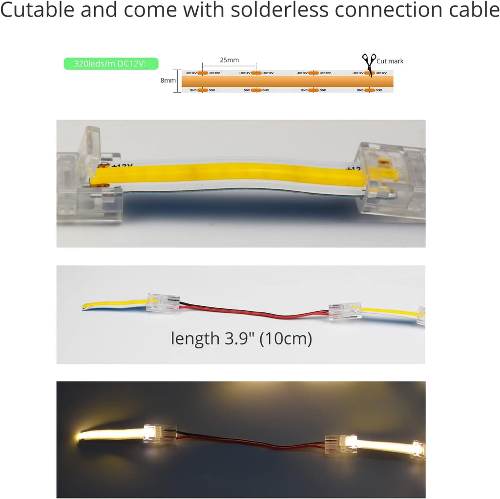 10ft (3m) 12V COB LED Strip Light Kit - Warm White 3000K, CRI 95, Dimmable with RF Remote