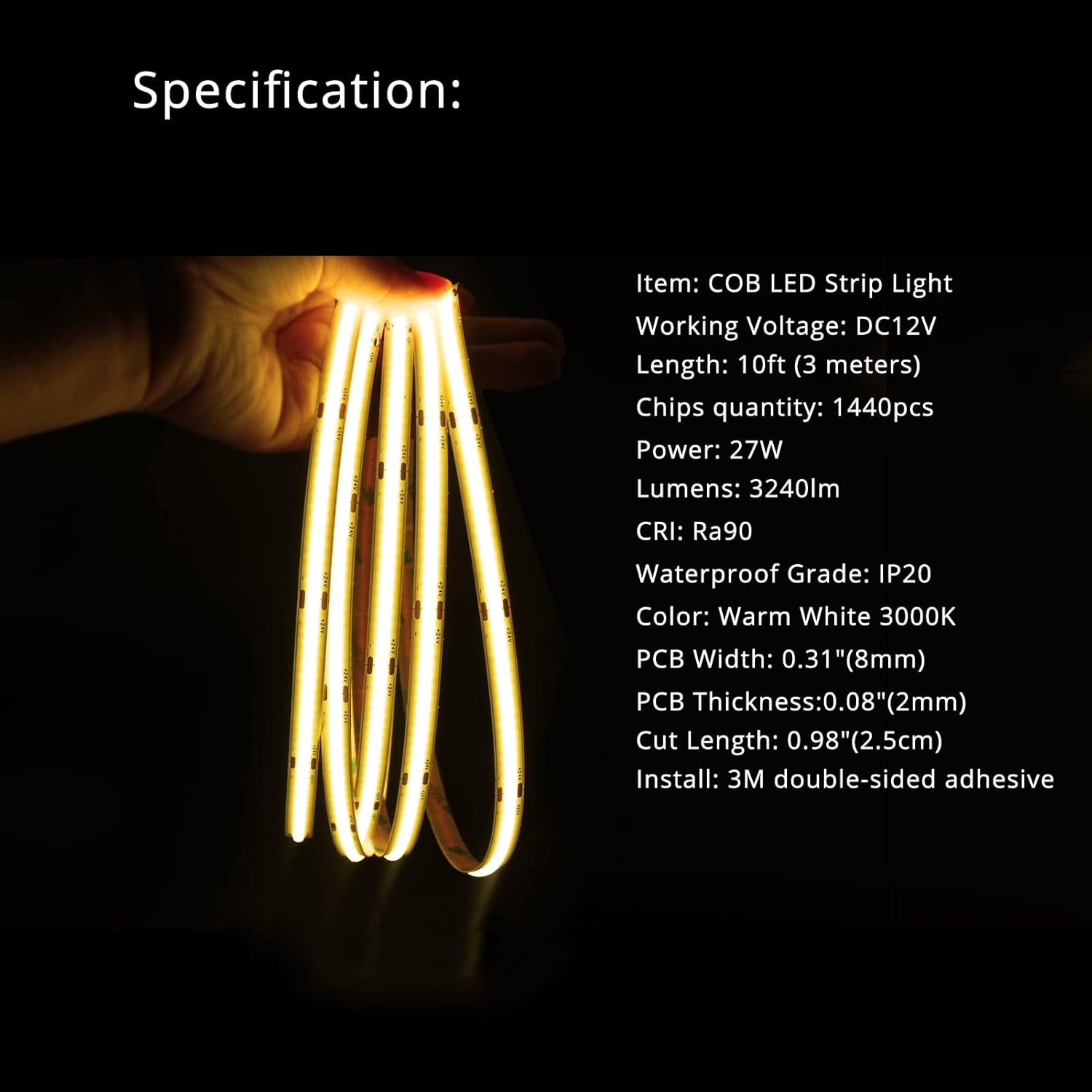 10ft (3m) 12V COB LED Strip Light Kit - Warm White 3000K, CRI 95, Dimmable with RF Remote