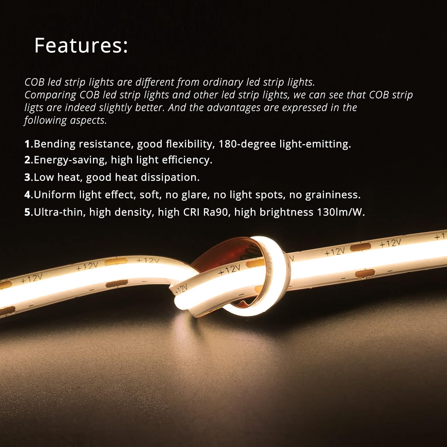 10ft (3m) 12V COB LED Strip Light Kit - Warm White 3000K, CRI 95, Dimmable with RF Remote