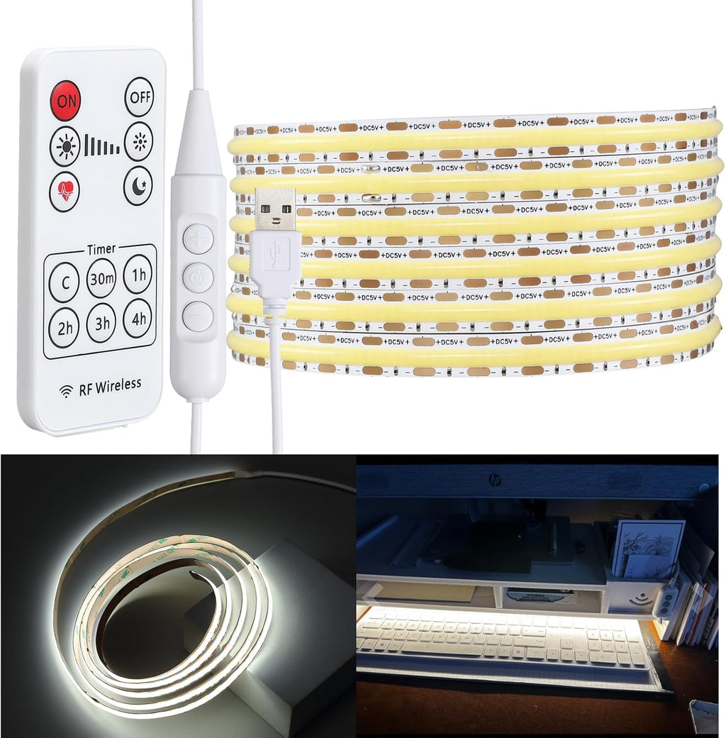 6.56ft (2m) USB-Powered COB LED Strip Light Kit - Pure White 6000K, CRI 95, Dotless Linear Lighting