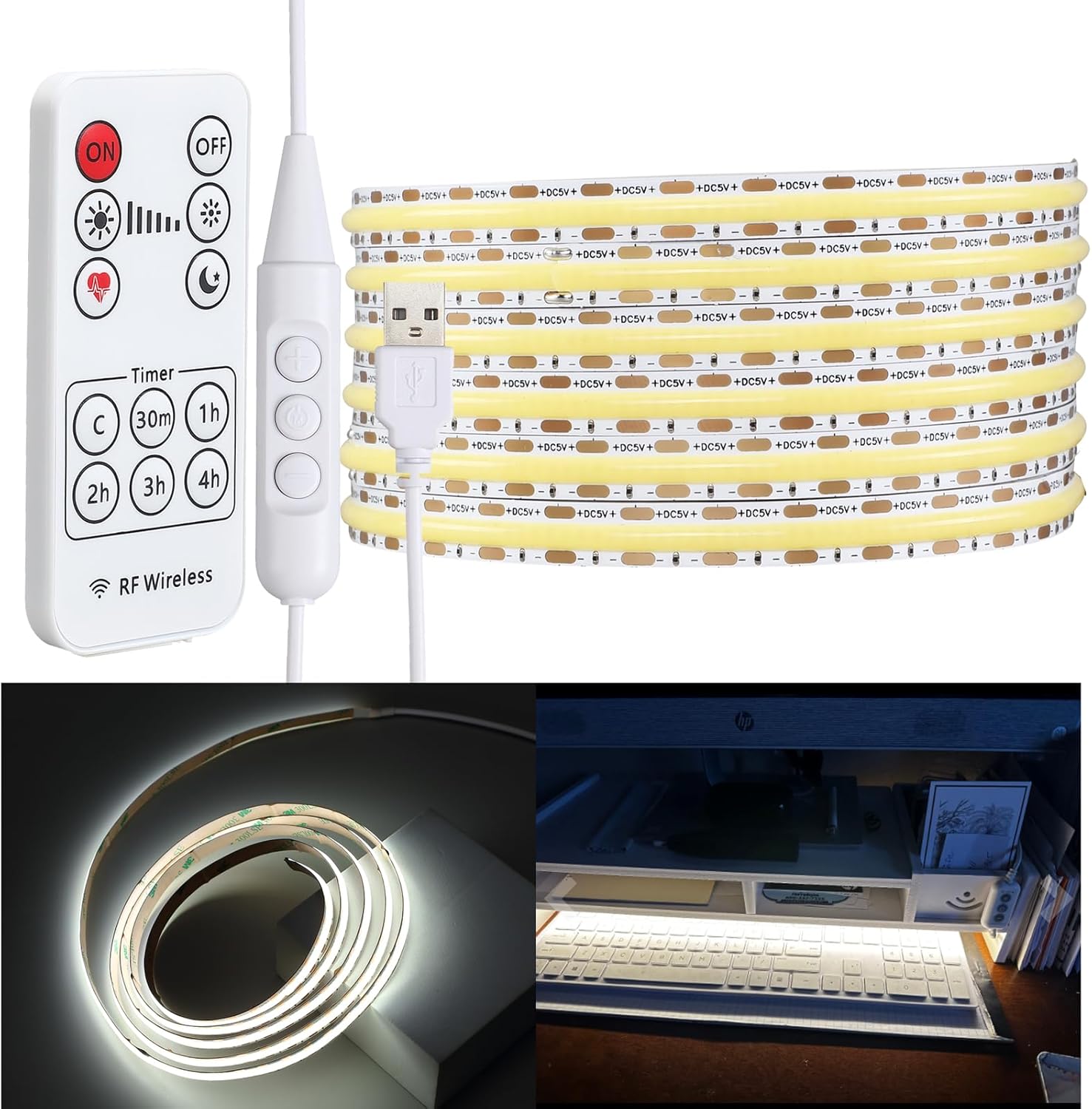 6.56ft (2m) USB-Powered COB LED Strip Light Kit - Pure White 6000K, CRI 95, Dotless Linear Lighting