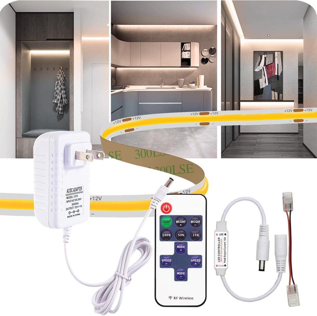 10ft (3m) 12V COB LED Strip Light Kit - Warm White 3000K, CRI 95, Dimmable with RF Remote