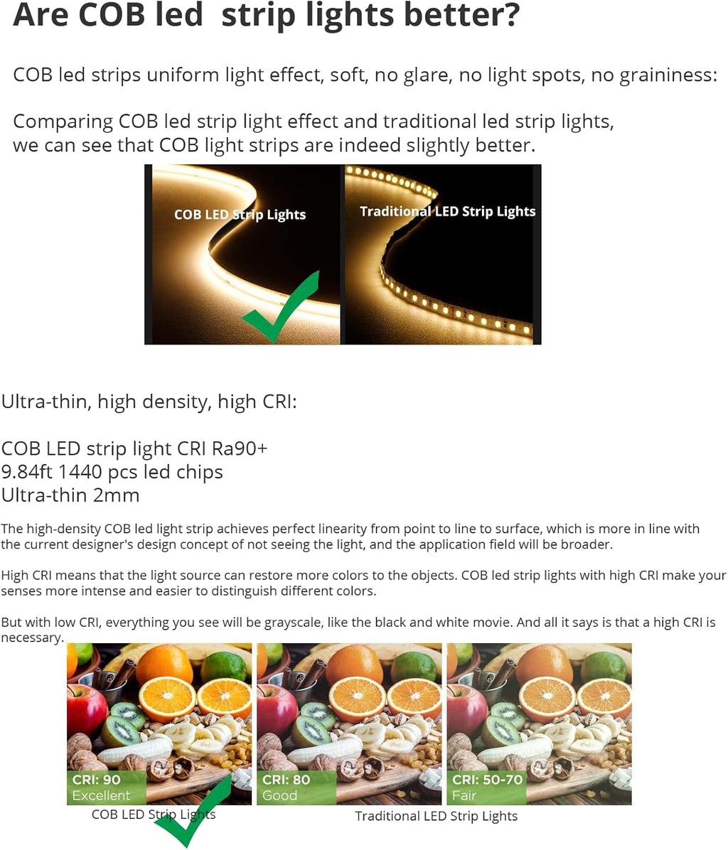 10ft (3m) 12V COB LED Strip Light Kit - Warm White 3000K, CRI 95, Dimmable with RF Remote