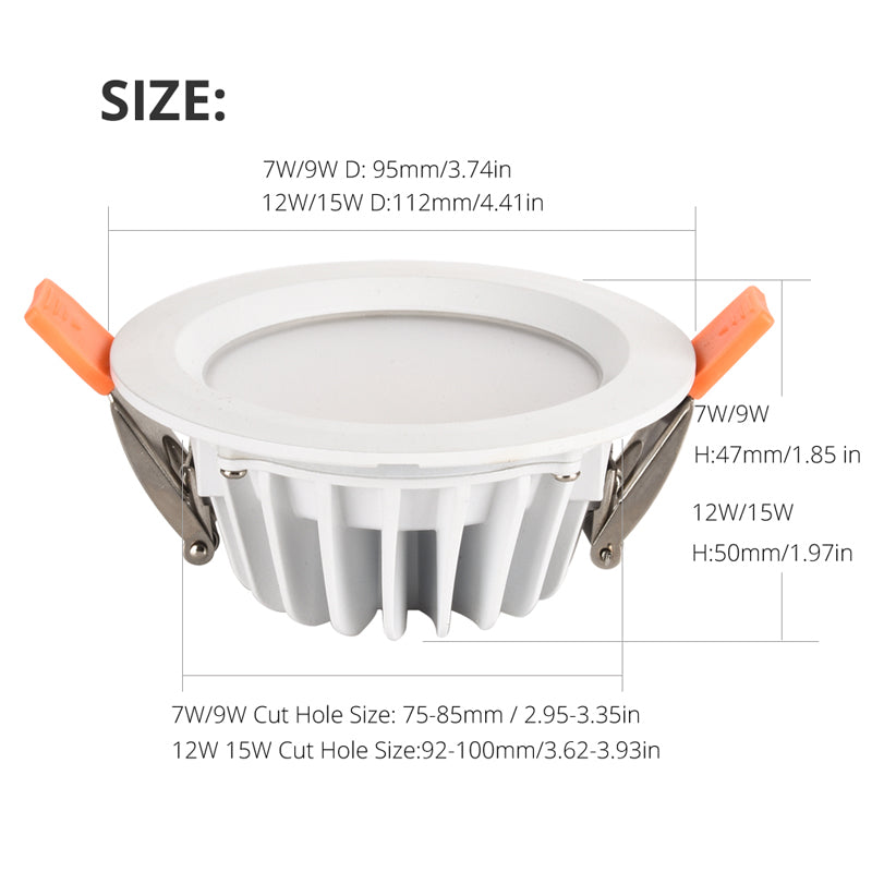 LRLEDS Heavy-Duty IP65 Waterproof LED Downlight - 7W/9W/12W/15W Die-Cast Aluminum Spotlight for Saunas, Bathrooms & Outdoor Eaves