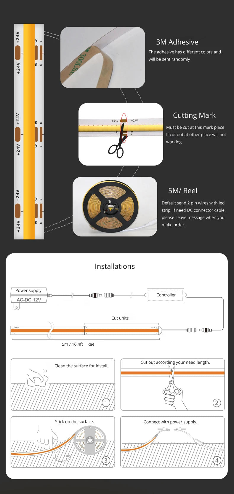 Architectural COB LED Strip Light Kit - 12V, 320 LEDs/m, Dimmable with PIR/Touch/Hand Sweep Sensors