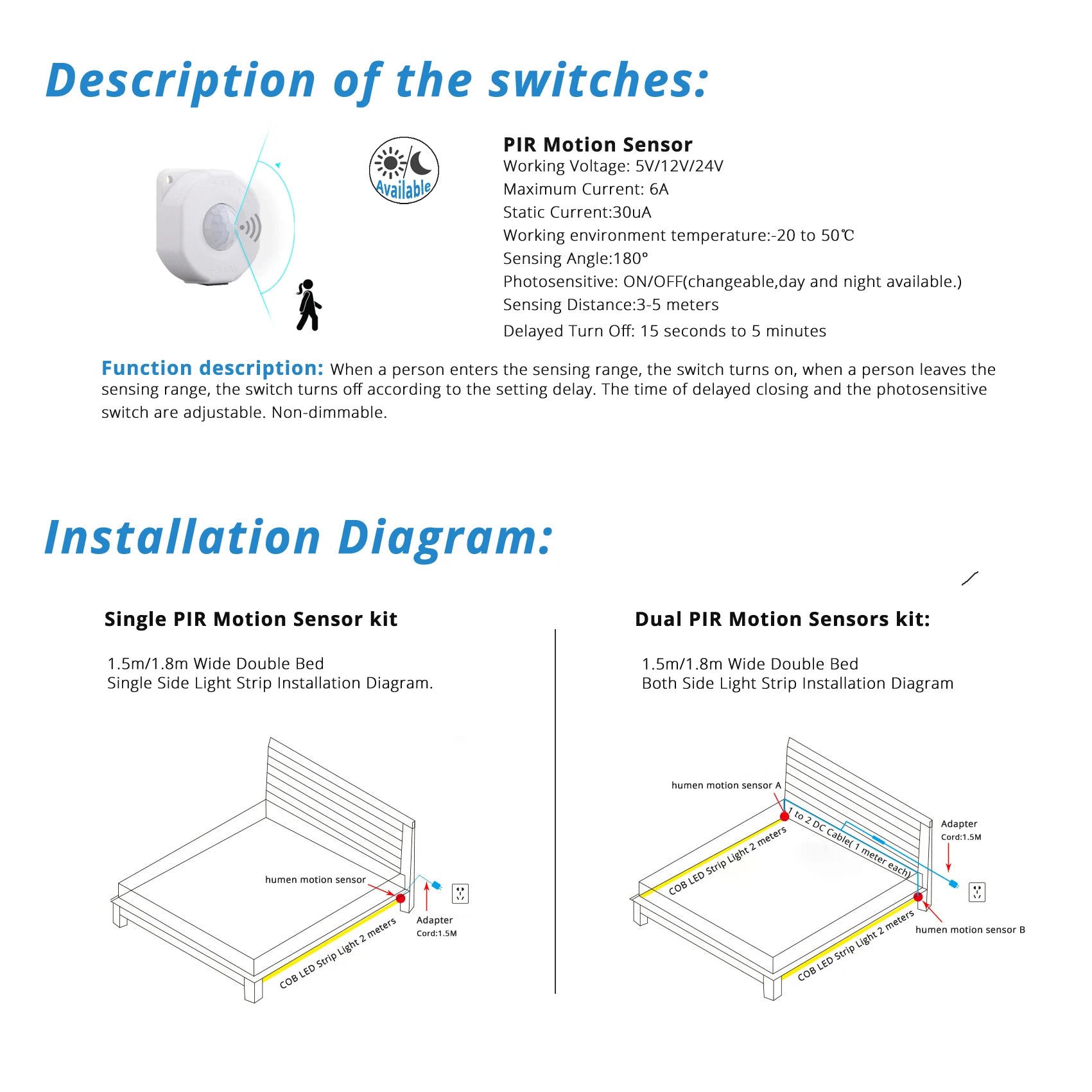 Smart PIR Motion Sensor COB LED Strip Kit - Under Bed & Stairway Safety Lighting