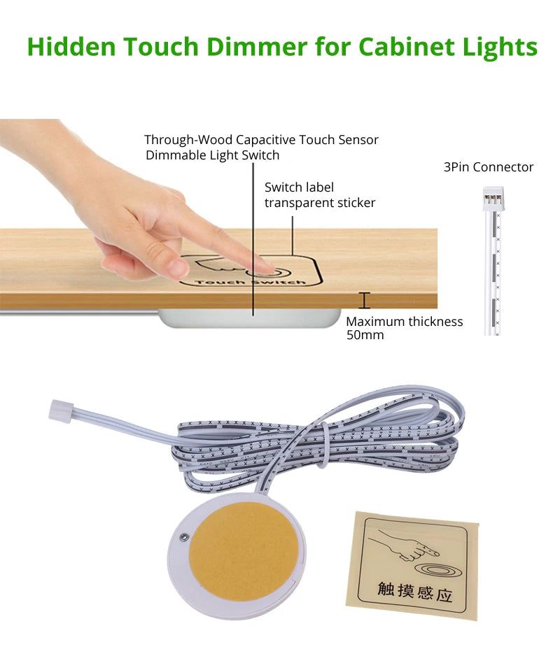 Through-Wood Touch Sensor COB LED Under Cabinet Lighting Kit - Dimmable, Dotless 12V Strip