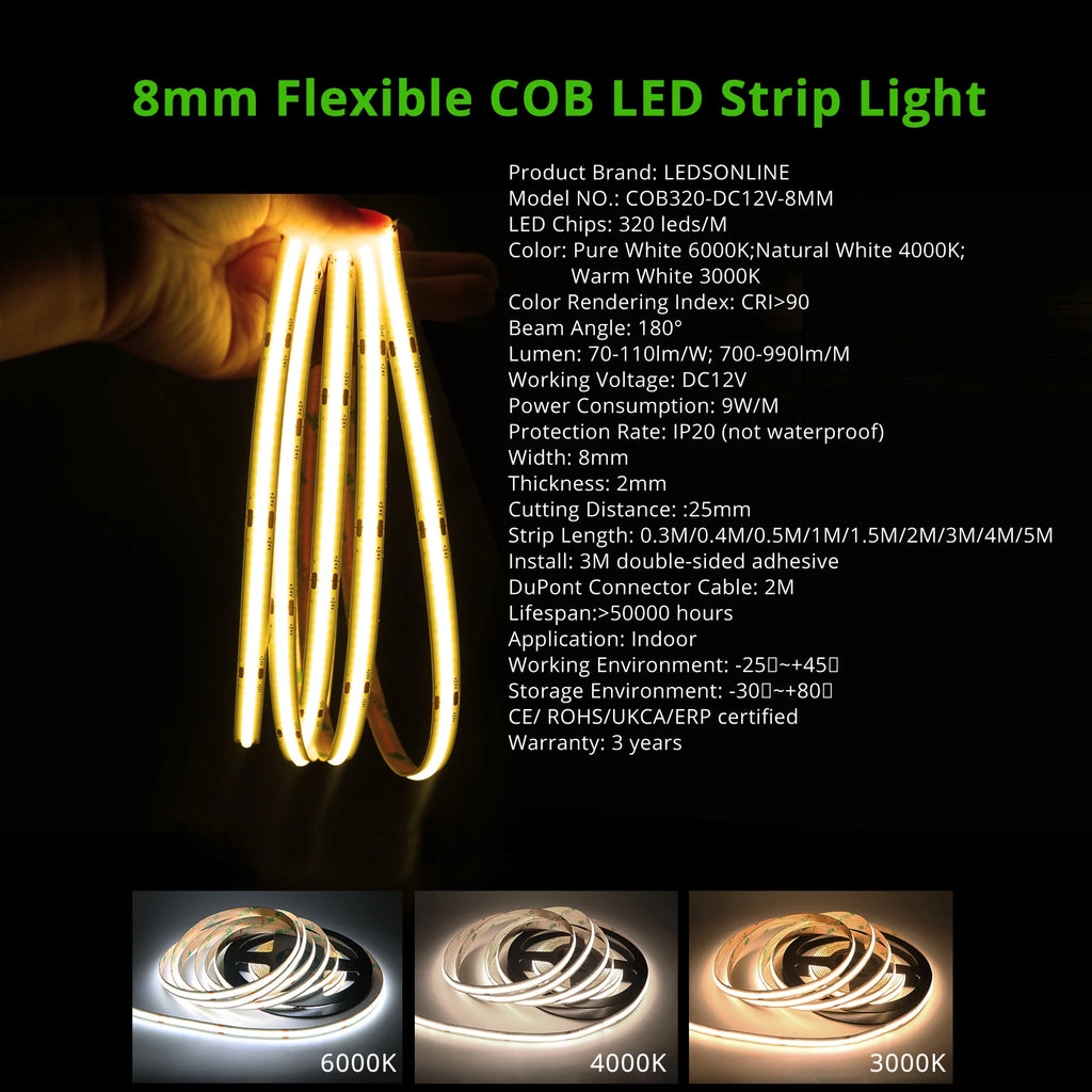12V Flexible COB LED Strip Light Pack - Includes 2m DuPont Cable (4pcs/Pack)