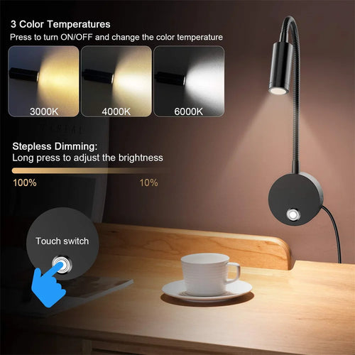2 Pack USB Bedside Gooseneck Wall Reading Lamp - Dimmable 3CCT