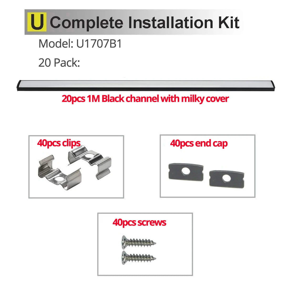 Architectural Black U-Shape Aluminum Profile (20-Pack) - Milky Diffuser for 12mm LED Strips