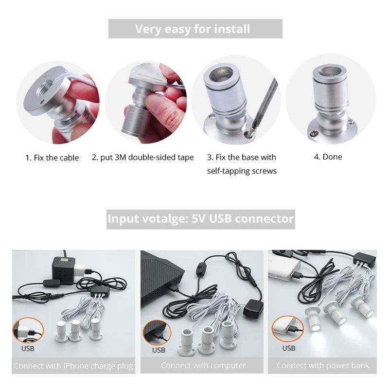 USB-Powered Dimmable Cabinet Spotlight Kit - High-End Jewelry & Display Lighting