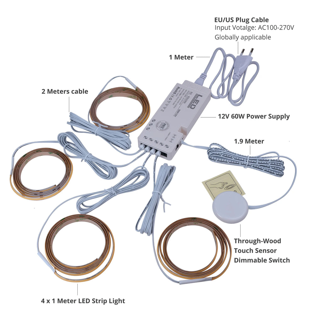 Through-Wood Touch Sensor COB LED Under Cabinet Lighting Kit - Dimmable, Dotless 12V Strip