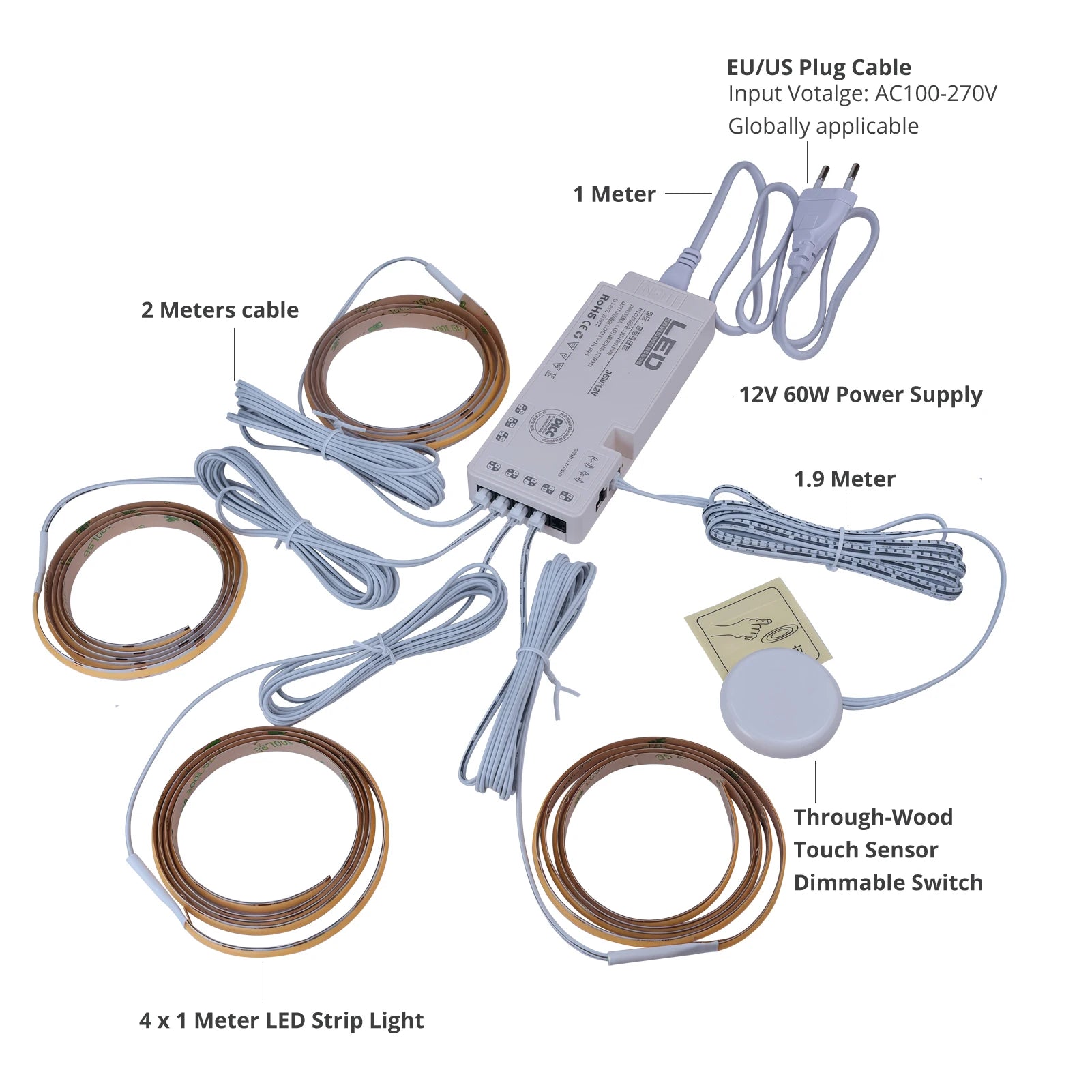 Through-Wood Touch Sensor COB LED Under Cabinet Lighting Kit - Dimmable, Dotless 12V Strip