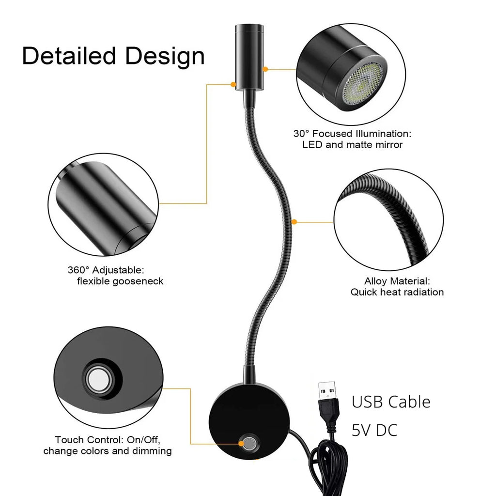 USB Bedside Gooseneck Wall Reading Lamp - Dimmable 3CCT Architectural Quality