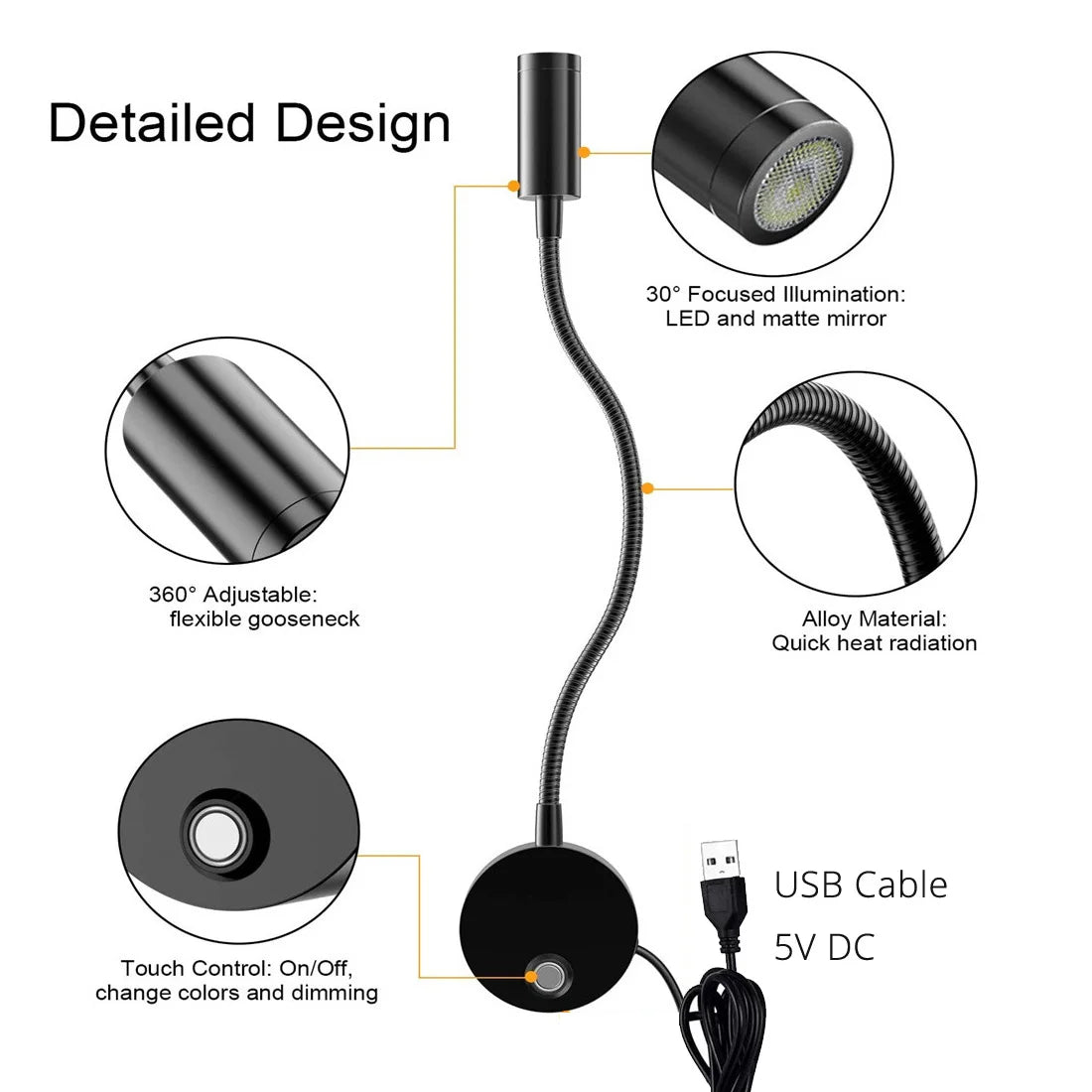 USB Bedside Gooseneck Wall Reading Lamp - Dimmable 3CCT Architectural Quality