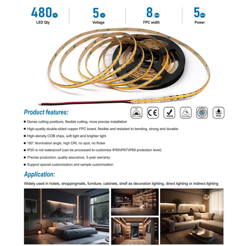 LRLEDS Professional 5V COB LED Strip Light - 480 LEDs/m, 8mm, Dotless High CRI 90+