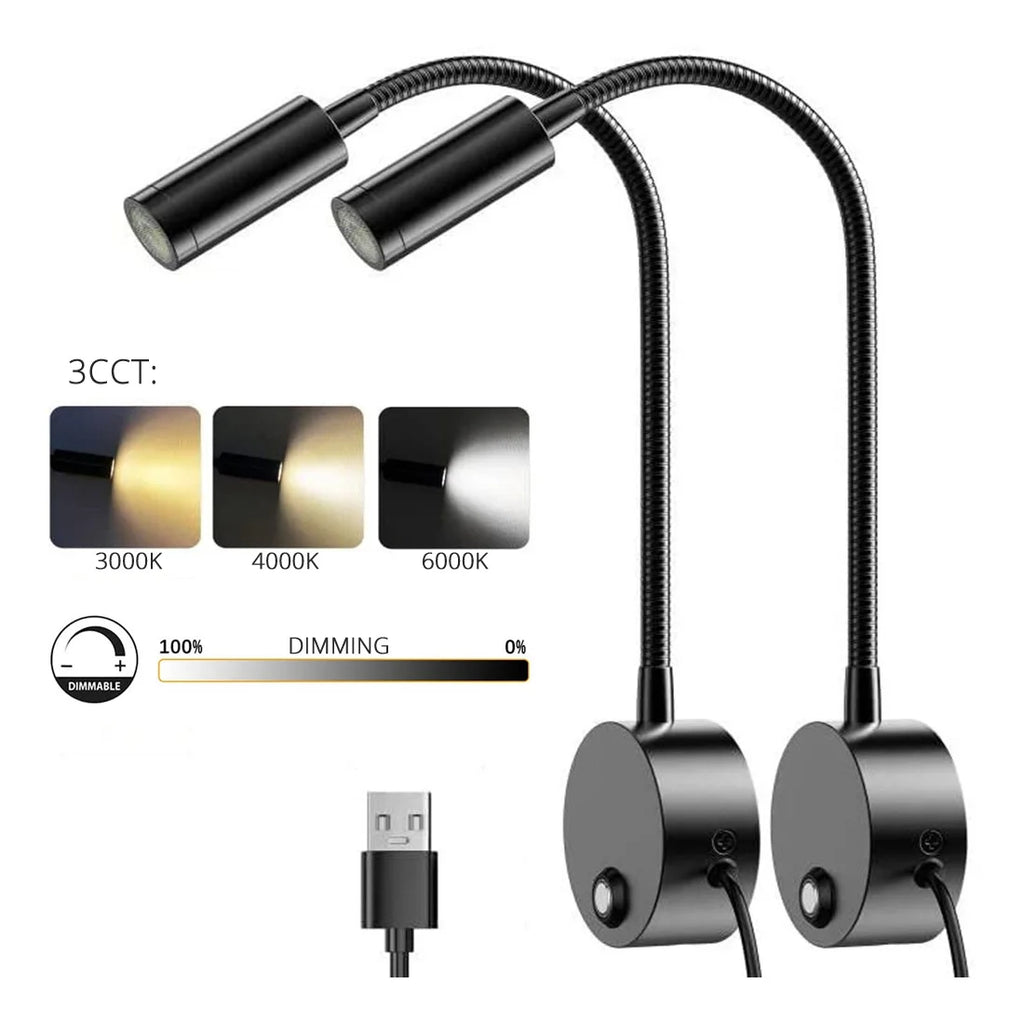 USB Bedside Gooseneck Wall Reading Lamp - Dimmable 3CCT Architectural Quality