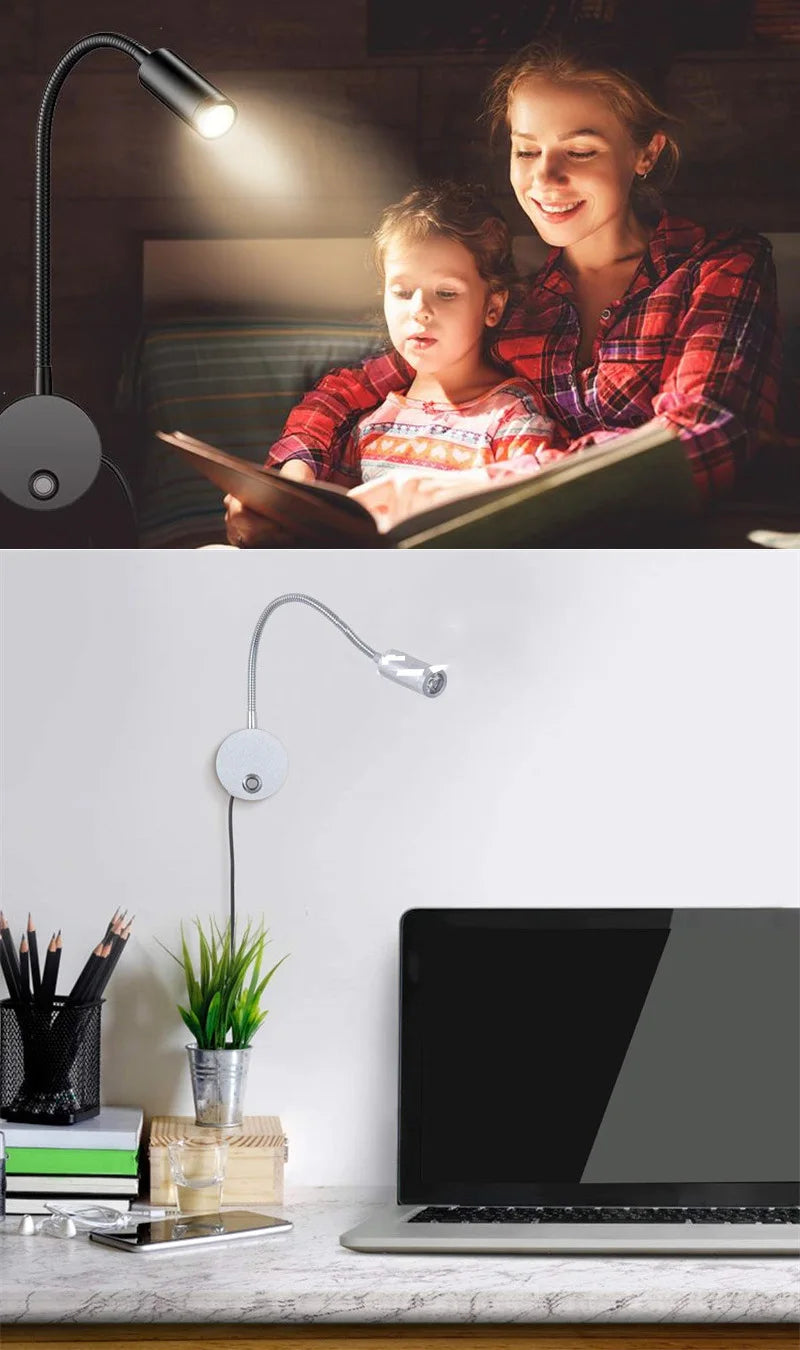 USB Bedside Gooseneck Wall Reading Lamp - Dimmable 3CCT Architectural Quality