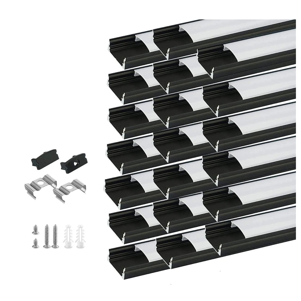 Architectural Black U-Shape Aluminum Profile (20-Pack) - Milky Diffuser for 12mm LED Strips