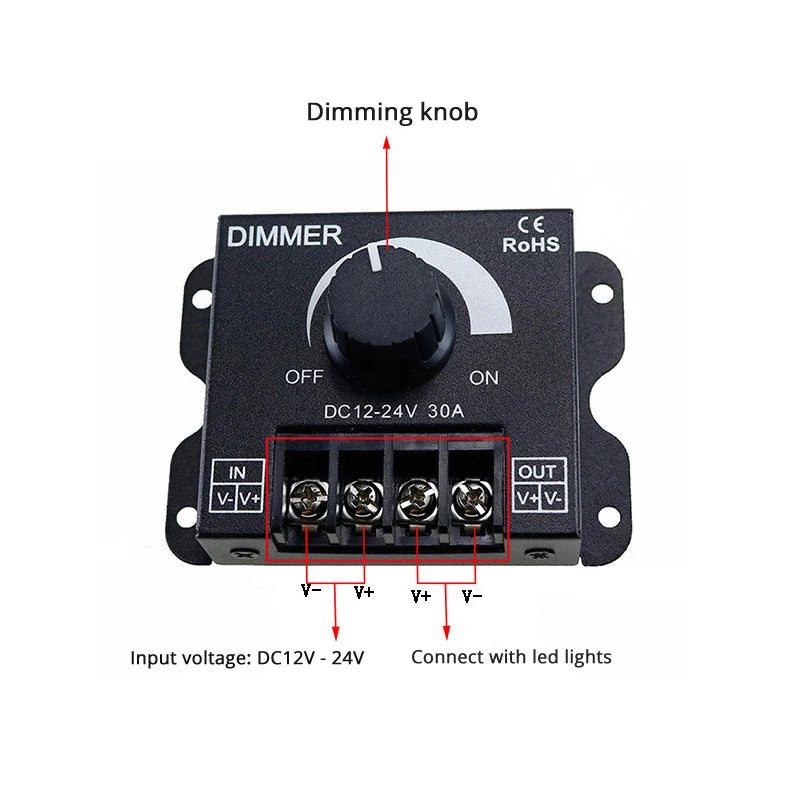 High-Power 30A LED Dimmer - DC 12V-24V, 360W-720W Manual Stepless Controller for LED Strips