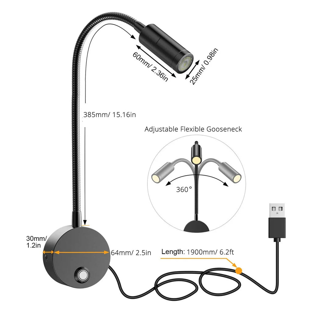 USB Bedside Gooseneck Wall Reading Lamp - Dimmable 3CCT Architectural Quality