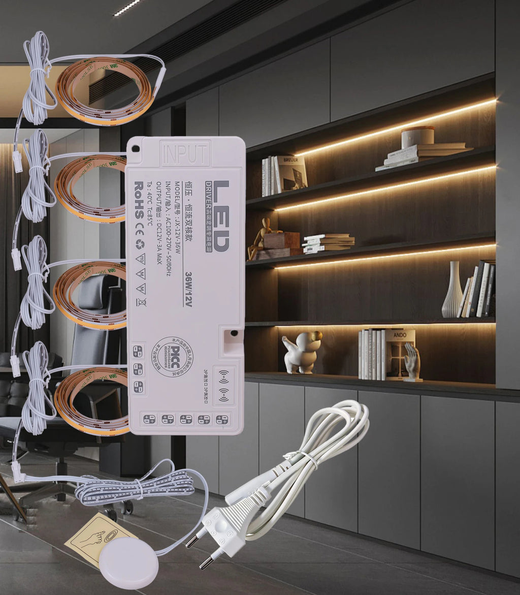 Through-Wood Touch Sensor COB LED Under Cabinet Lighting Kit - Dimmable, Dotless 12V Strip