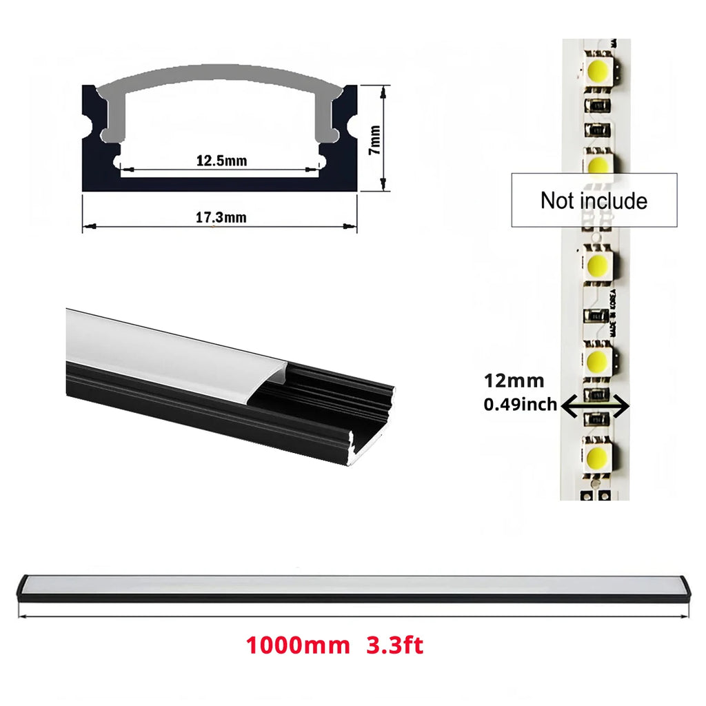 Architectural Black U-Shape Aluminum Profile (20-Pack) - Milky Diffuser for 12mm LED Strips