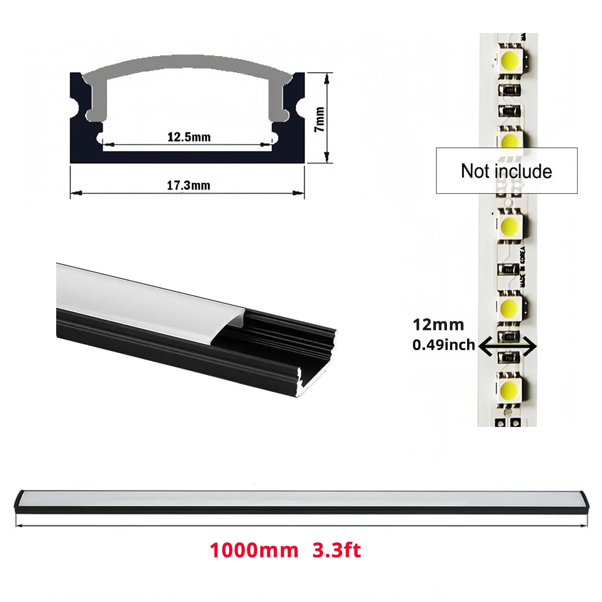 Architectural Black U-Shape Aluminum Profile (20-Pack) - Milky Diffuser for 12mm LED Strips