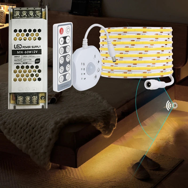 Smart PIR Motion Sensor COB LED Strip Kit - Dimmable Under Bed & Cabinet Lighting