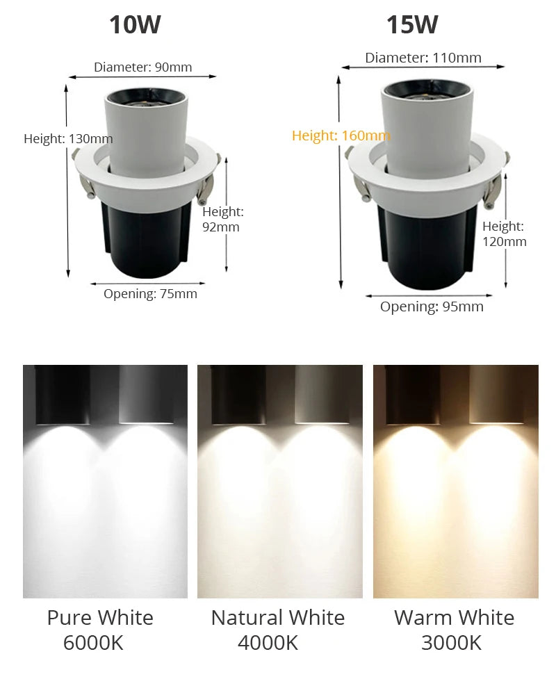 10W 15W LED Recessed Retractable Rotating Downlight - Architectural Quality