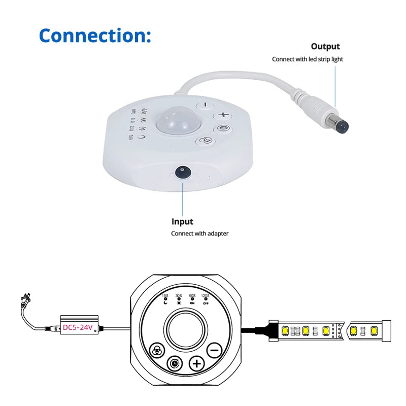 Smart PIR Motion Sensor LED Controller with Remote - Dimmable, 5V-24V