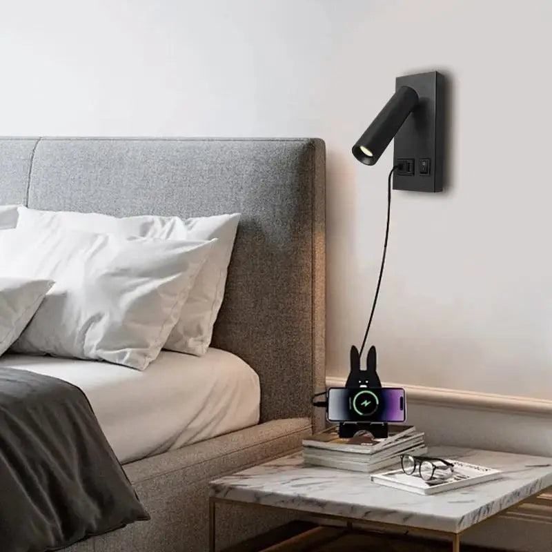 Bedside Reading Wall Lamp Spot Light Modern Hotel Home Room Adjustable Reading Light Built Charge USB Type-c Ports