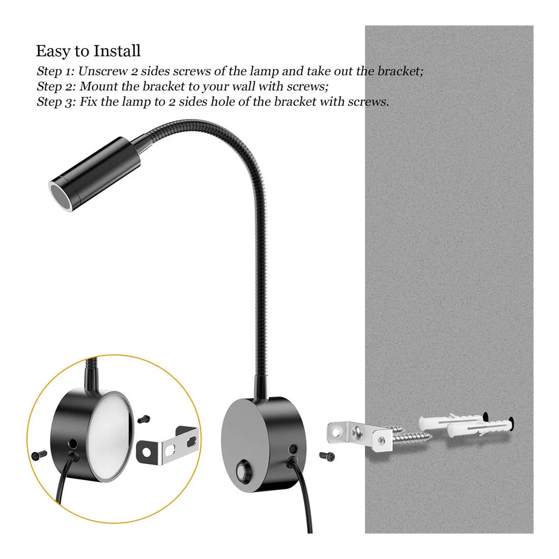 USB Bedside Gooseneck Wall Reading Lamp - Dimmable 3CCT Architectural Quality