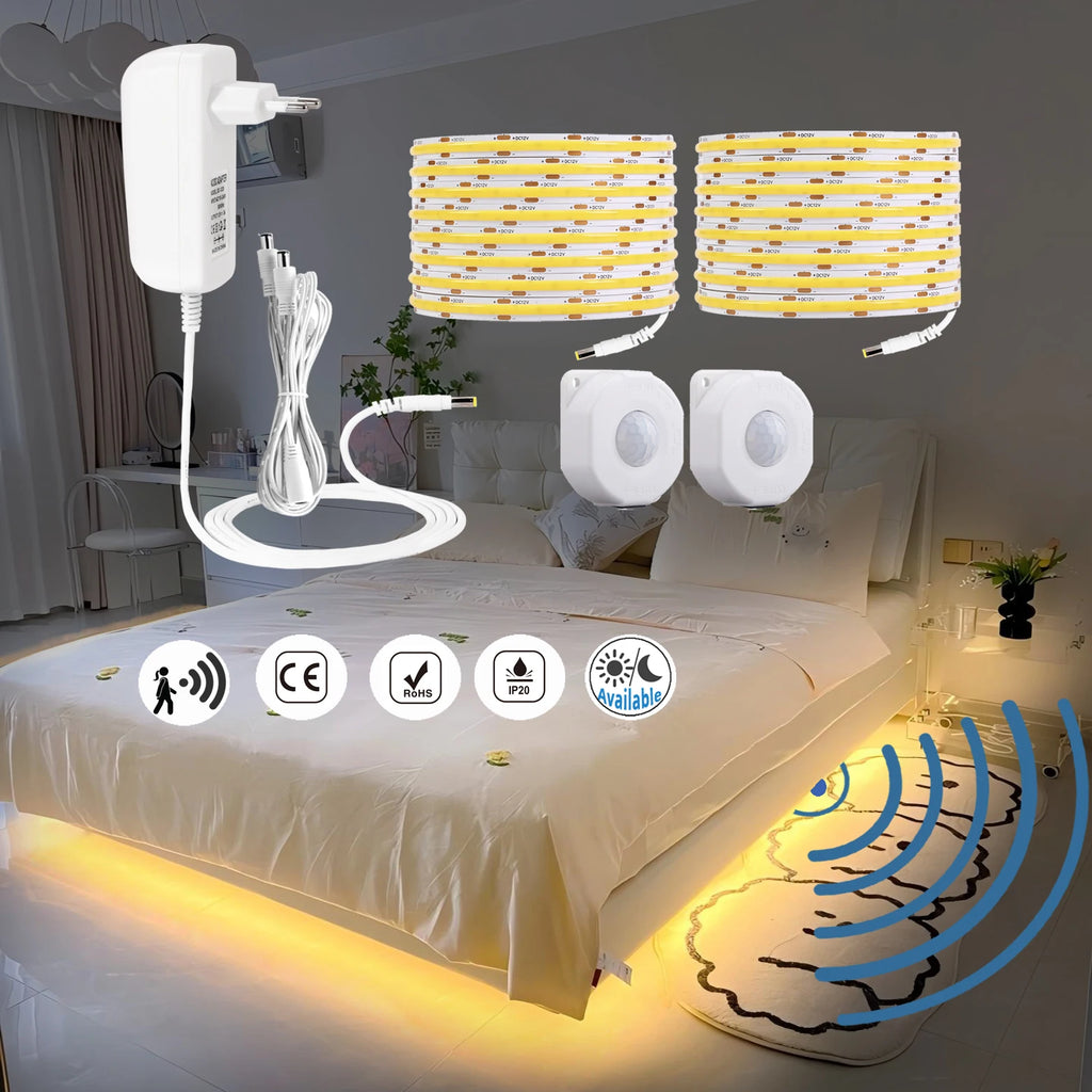 Smart PIR Motion Sensor COB LED Strip Kit - Under Bed & Stairway Safety Lighting