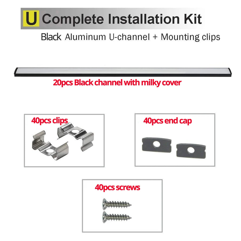 Architectural Black U-Shape Aluminum Profile (20-Pack) - Milky Diffuser for 12mm LED Strips