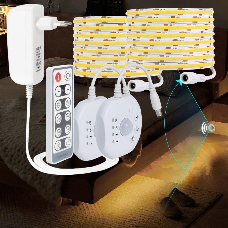 PIR Motion Sensor COB LED Under Bed & Cabinet Light Kit - Dimmable, Dotless Linear Glow